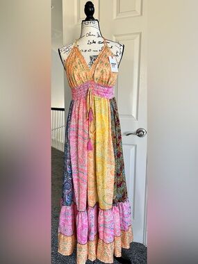 BOHO Luxury Colorblock Paisley Maxi Dress with Tassel Tie